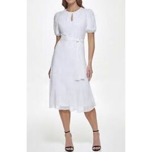 🧺DKNY | Short Puff Sleeve Crew Keyhole Neck A-Line Midi Dress | Size 14